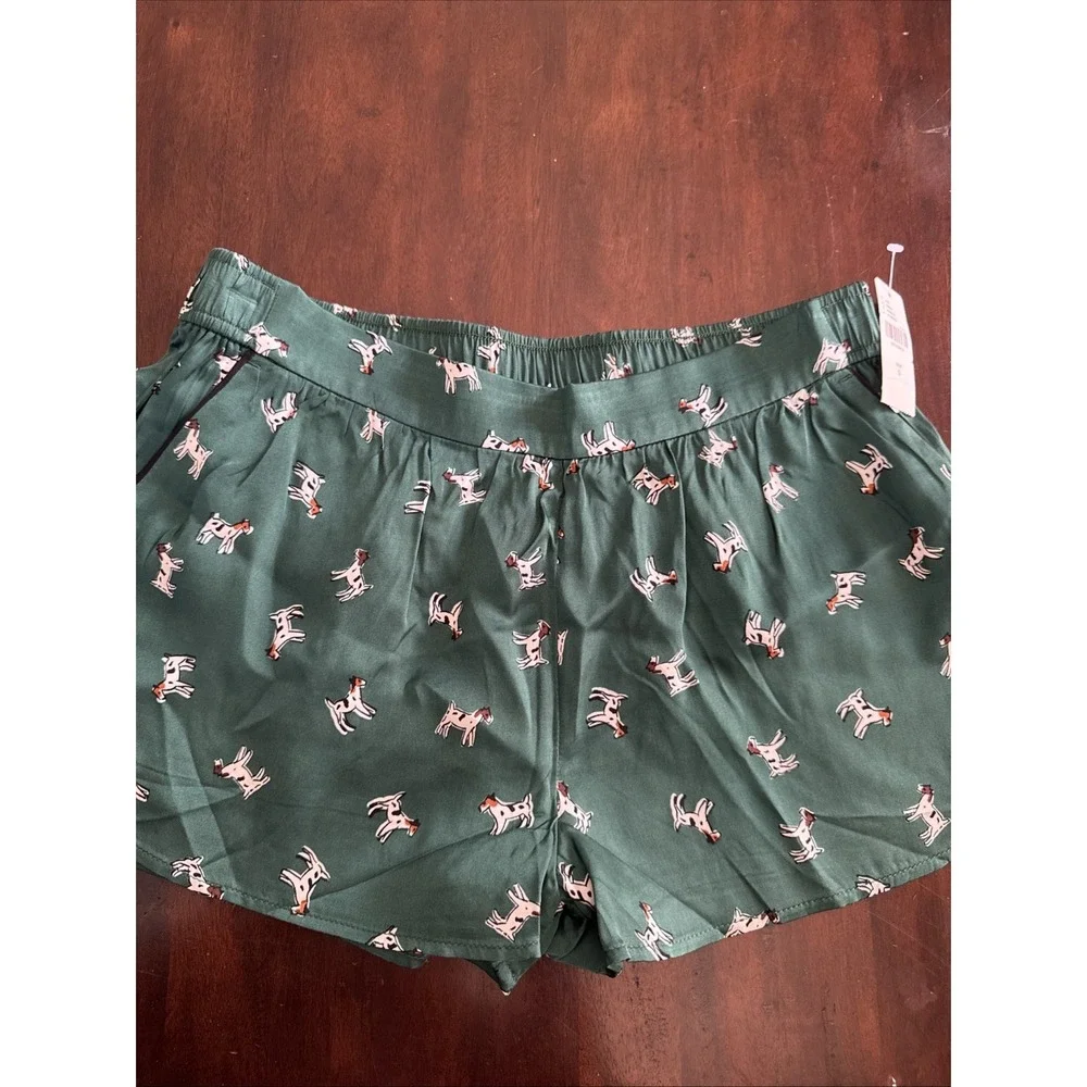 Anthropologie‎ Silky Pajama Sleep Short Size Small Green w Spotted Dog Lyrebird